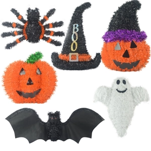 6-piece Halloween glitter tinsel hanging set with pumpkin witch and ghost shapes