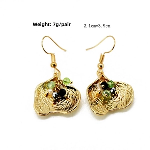 Detail of hollow leaf earrings with green and white beads, weight 7g, size 2.1cm x 3.9cm