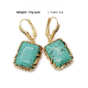 Detail of rectangular turquoise drop earrings with gold textured frame and size specs