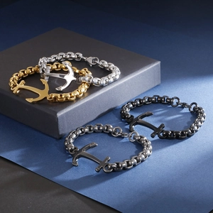 Polished stainless steel anchor link chain bracelet for men in gold, silver, and black