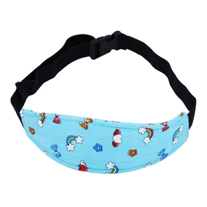 Close-up of blue baby car seat head support strap with cute cartoon rainbow patterns