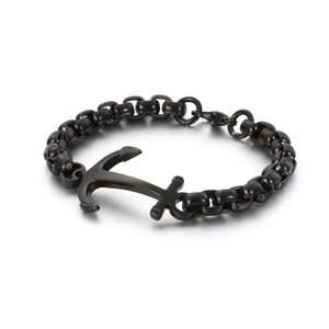 Men's vintage anchor clasp bracelet with gunmetal grey stainless steel thick round chain