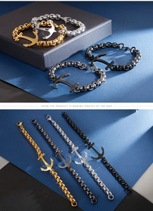 Detailed view of nautical anchor bracelets in gold, silver, gunmetal, and black steel