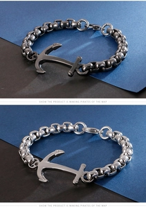 Detail of nautical anchor bracelets in matte dark grey and polished silver stainless steel
