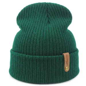 Ribbed Knitted Beanie Hat Warm Acrylic Solid Color Cuff Skull Cap With Leather Patch For Adult Winter Outdoor Fashion