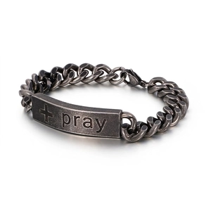Men 316L Stainless Steel Bracelet Retro Punk Curb Chain With Cross And Pray Metal Plate Religious Jewelry Gift