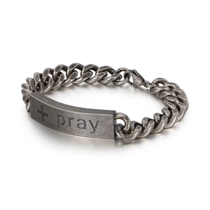 Retro stainless steel curb chain bracelet for men with cross and Pray engraved plate
