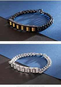 Detail of abacus bracelet with movable beads on Cuban chain in black and silver