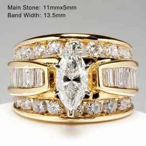 Bague large en cuivre doré de luxe avec zircon marquise et pierres latérales brillantes