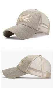 Detail of khaki linen mesh baseball cap showing SPORT embroidery and long curved brim