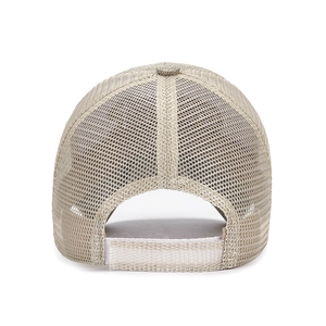 Beige breathable mesh trucker hat for men featuring adjustable back velcro strap