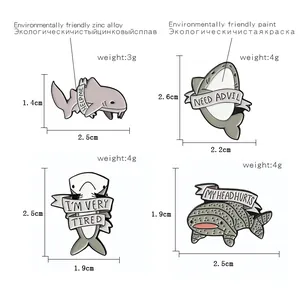 Size chart for cute shark enamel pins made of zinc alloy with funny text slogans