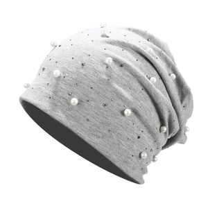 Light grey cotton slouchy beanie with elegant pearls and sparkling rhinestones for women