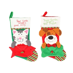 Christmas stocking set with cartoon cat and dog patterns in festive red and green felt