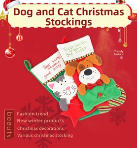 Detail of Christmas pet stockings with 3D applique embroidery and hanging loops