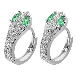 Silver snake-inspired panther earrings with green gemstone eyes and clear zircon pave