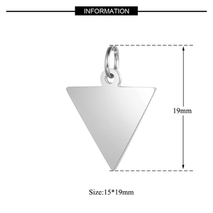 Silver stainless steel triangle pendant 15x19mm with jump ring on white background