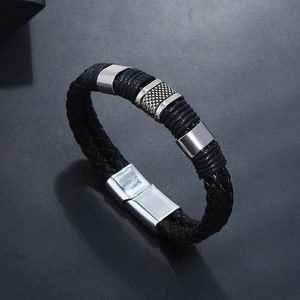Men's braided black leather bracelet with silver stainless steel magnetic clasp