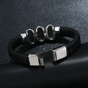 Braided black leather skull bracelet with polished stainless steel clasp for men