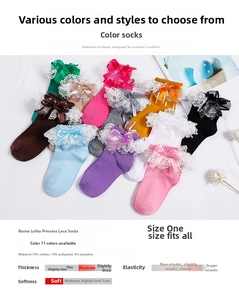 Detail of Lolita princess socks with white lace trim and satin bow decorations