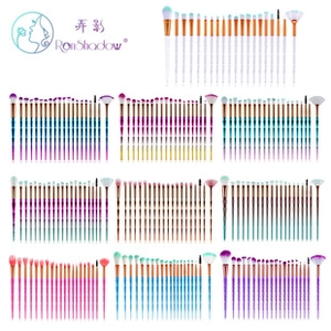 Macro shot of 20-piece colorful makeup brush sets with various synthetic fiber bristles