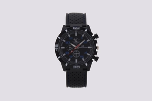 Detail of black sports watch dial with blue numerals and GT Grandtouring branding