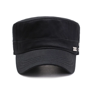 Classic black cotton canvas flat top military hat with side metal vents and brand plaque