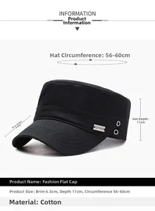 Detail view of cotton flat cap showing metal logo tag and size specifications