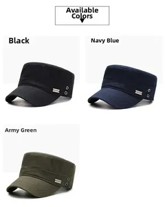Flat top cadet army caps in black, navy blue and army green with metal eyelets
