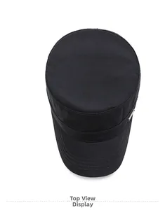 Top view of flat top black military cap showing peak stitching and metal side buckle