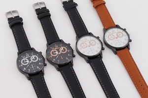 Detailed display of four Geneva business quartz watches with multi-color leather straps