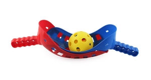 Detail of red and blue plastic scoop toss launchers and a yellow hollow training ball set