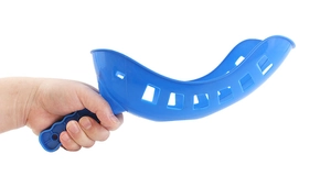 Detail of blue plastic launch ball catcher with ergonomic handle and hollow design