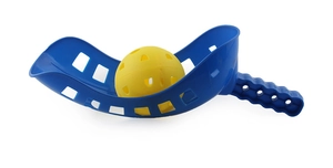Detail of blue jai alai style catch racket and yellow perforated plastic ball for outdoor play