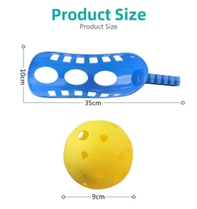 Detailed size chart for blue plastic toss launcher and 9cm diameter yellow training ball