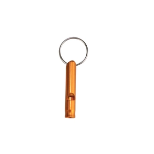 Detail view of emergency aluminum whistle in orange finish with metallic keyring attached