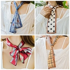 Collage of four stylish scarves with blue patterns, polka dots, and classic plaid designs