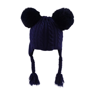 Dark blue knitted baby winter hat with double fur pom-poms and braided earflaps