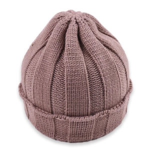 Detailed close-up of thick ribbed knit pattern on dark mauve winter beanie for children