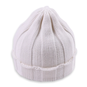 Close-up of thick ribbed knit texture on a white winter beanie for kids and toddlers