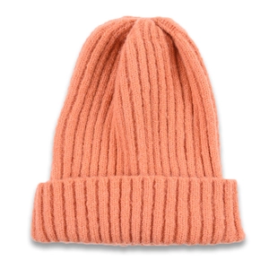 Detailed close-up of coral orange ribbed knit beanie showing soft texture and folded cuff