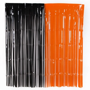 Halloween Party Fringe Curtain Metallic Foil Tassel Backdrop Orange Black Shimmering Photo Booth Props Door Decoration