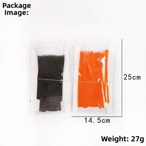 Detail of Halloween party fringe curtains in orange and black packaging with dimensions