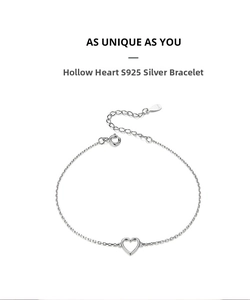 Detail view of S925 sterling silver hollow heart bracelet with adjustable chain and stamp