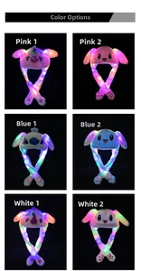 Detailed grid of glowing plush rabbit and animal ear-moving hats with LED lights
