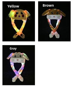 Detailed view of plush animal hats with LED lights and moving ears in three colors