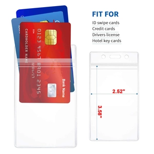 Vertical clear waterproof PVC ID card holder showing dimensions and insertion detail