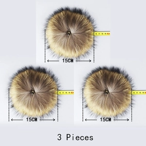 Three 15cm natural raccoon fur pompoms in brown gradient for hats and clothing accessories