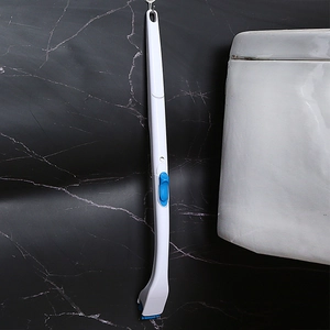 Wall-mounted disposable toilet brush with blue cleaning sponge head and long white handle