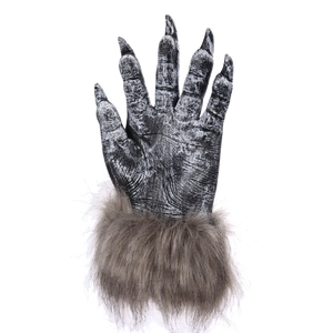 Detailed view of werewolf claws with realistic skin texture and long grey faux fur